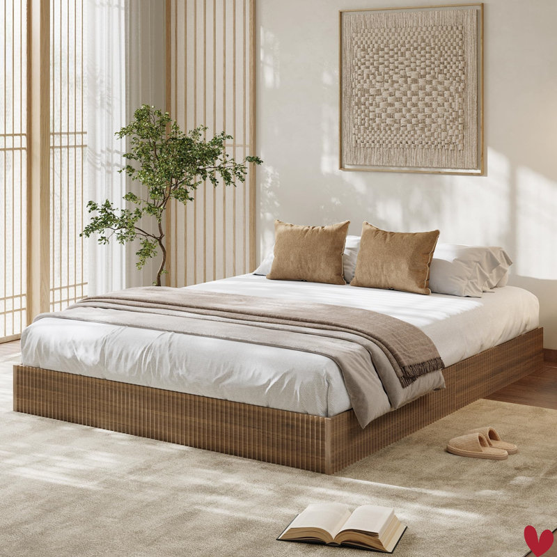 Wood Bed Frame, Wooden Platform Bed w/Fluted Design, Bed Frame with Study Support, Easy Assembly No Box Spring Needed