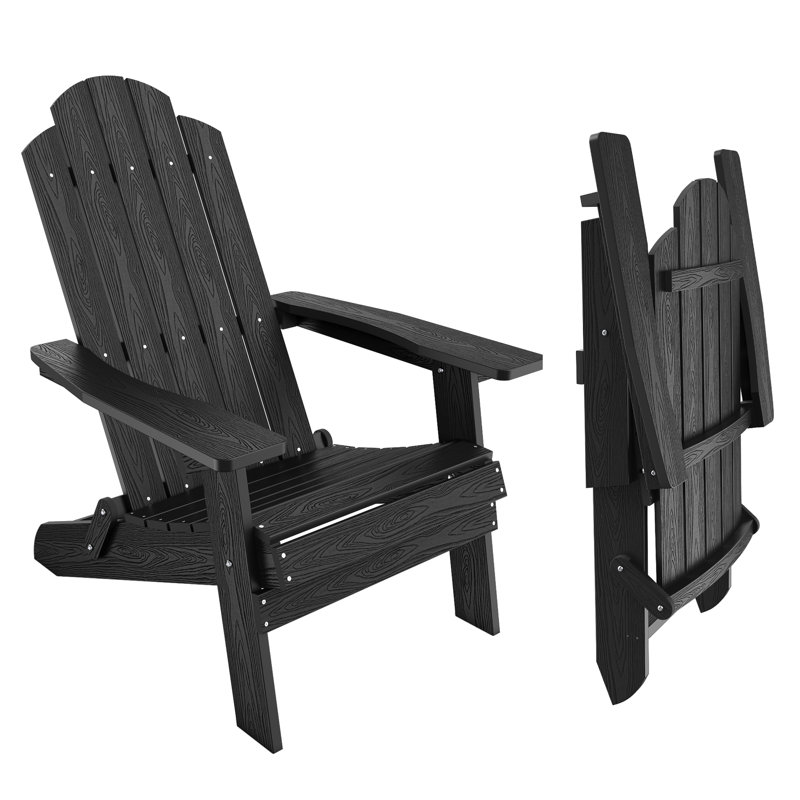 All Weather Outdoor HIPS Plastic Folding Adirondack Chair Fire Pit Chairs Oversized Patio Chair, Black