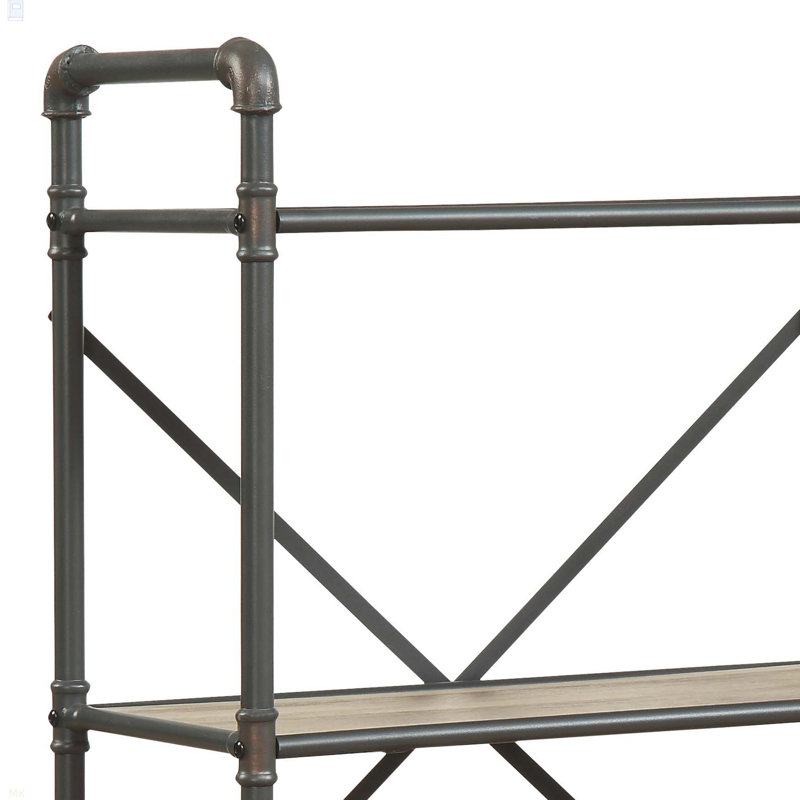 Four Tier Metal Bookshelf With Wooden Shelves, Oak Brown & Gray, (5 Shelves) 49.5" H x 26.5" W x 14.5" D, Natural+Grey