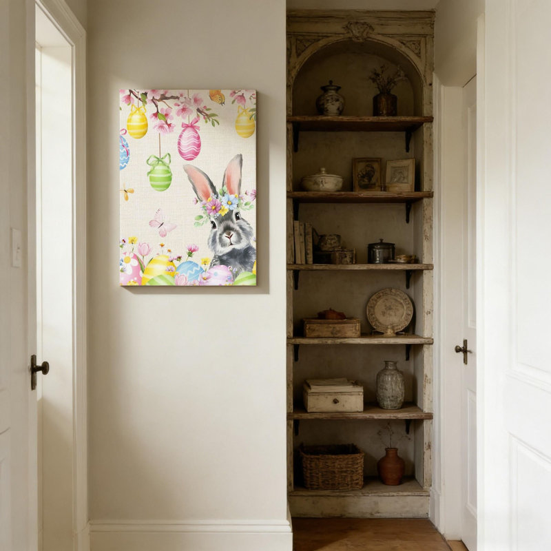 «Bunny Rabbit Butterfly Spring Check», impression sur toile grise, support de cadre en bois massif, 16 po x 24 po