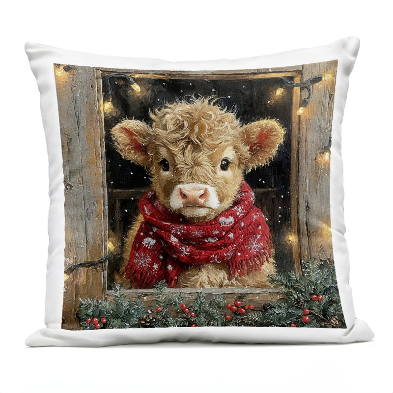 Coussin d'extérieur imprimé "Calf with Holly & Lights Garland" par Riley B