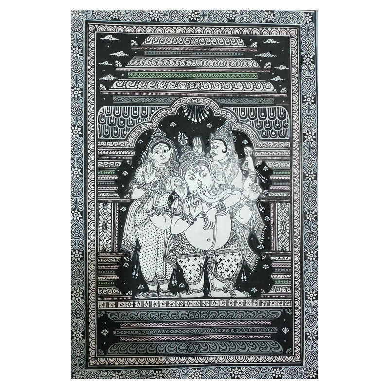 Déesse Parvati et Shiva avec Ganesha | Aquarelle sur feuille faite à la main | Par Jayadev Moharana