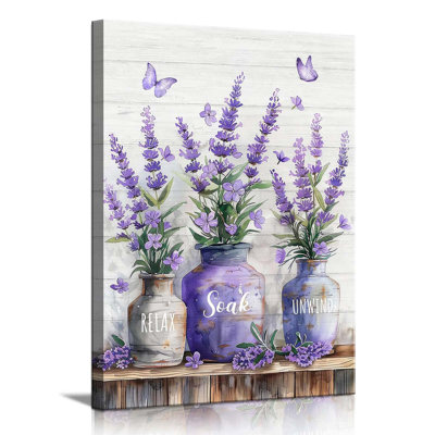 Farmhouse Bathroom Canvas Wall Art Relax Soak Unwind Wall Decor Picture Rustic Mason Jar And Butterfly Purple Lavender Posters Prints Home Bathroom Decoration 16X24in