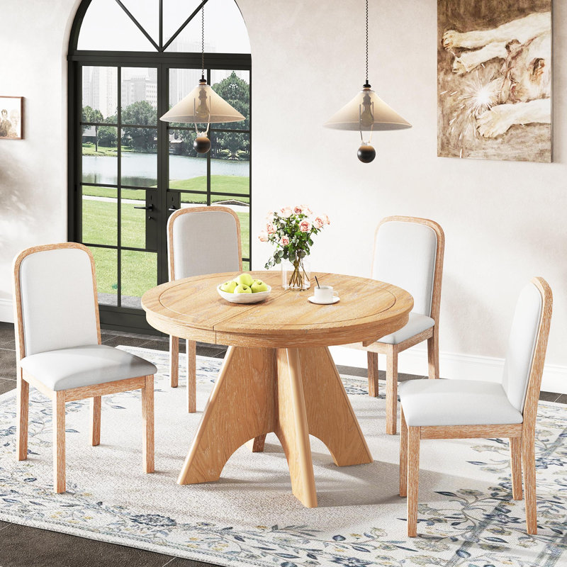 Vintage Extendable Dining Table Set For 4-6 With 4 Upholstered Chairs, 42 To 58-Inch Rustic Farmhouse Kitchen Table Set With Distressed Finish For Dining Room And Kitchen (Espresso)