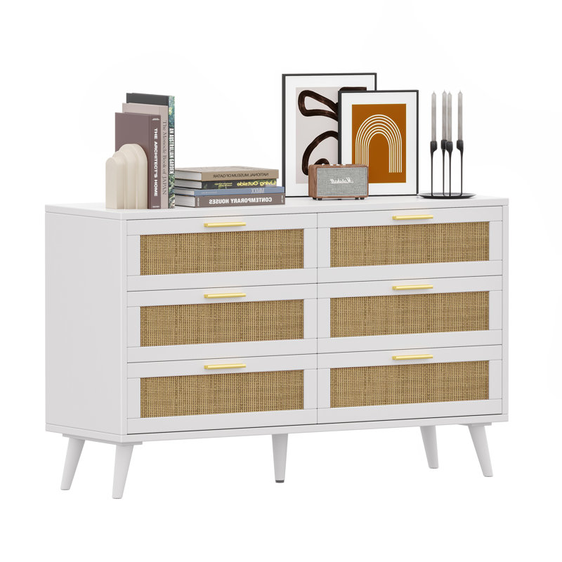White and Natural Double Dresser with Rattan Drawers