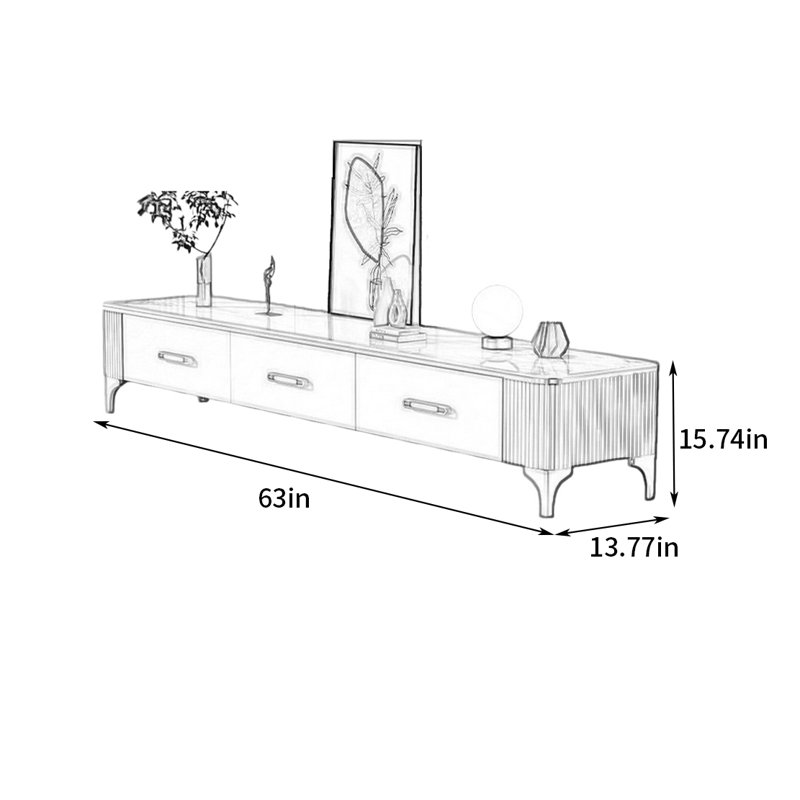 Meuble télé de luxe Italian Light, H 15,74 po x L 63 po x l 13,77 po, Or / gris / blanc