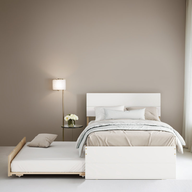 Structure de lit plateforme simple avec lit gigogne simple, Blanc / Chêne clair