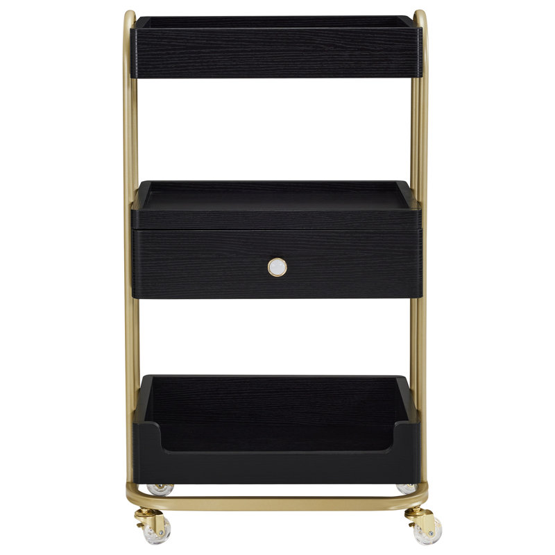 Utility Trolley with Wheels and Drawer, Stylist Rolling Storage Cart, Black/Gold