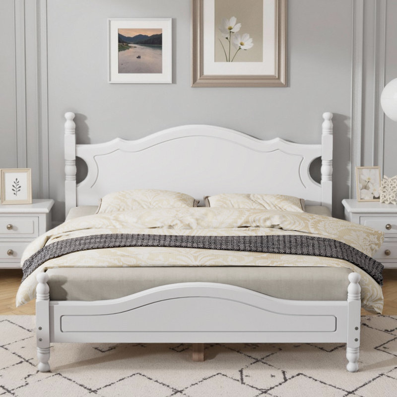 Lit plateforme moderne en bois massif rustique avec support de lattes durable, Blanc, Grand lit