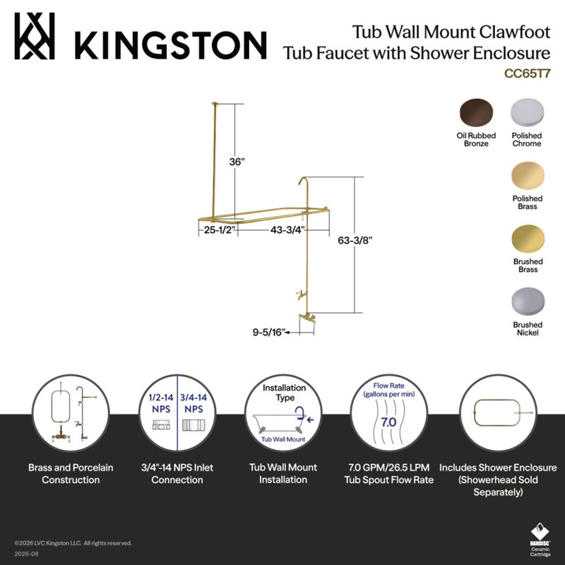 Kingston Brass Vintage Three-Handle 2-Hole Tub Wall Mount Clawfoot Tub Faucet with Shower Enclosure, Oil Rubbed Bronze