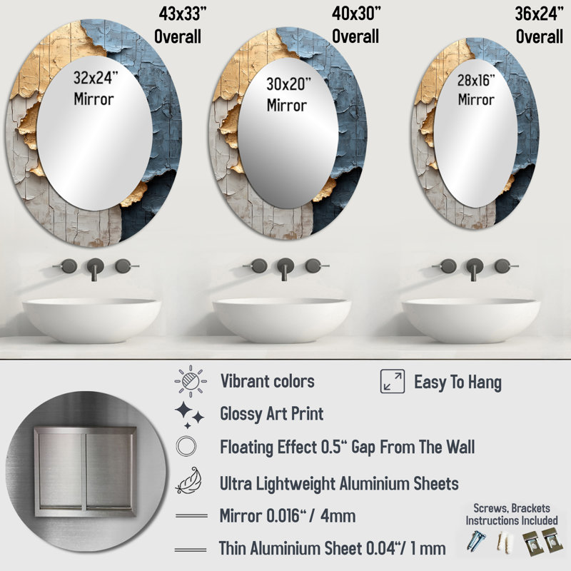 Gold And Grey Japanese Zen Tiles I - Large Oval Wall Mirror On Metal, 40" x 30"