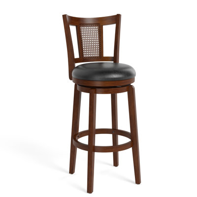 Avis 30" Traditional Bar Stool with Faux Leather Swivel Seat and Rattan Back Rubber Wood Frame (Set of 6)