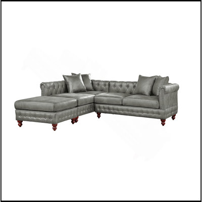 Ensemble de canapé modulaire 3 pièces réversible en similicuir respirant gris ardoise et 2 coussins de canapé capitonnés et 1 repose-pieds
