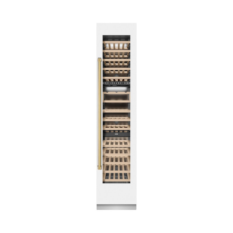 ZLINE Autograph 18 in. White Matte 68 Bottle Right Hinge Column Wine Cooler with Bronze Accents, Gold, Left Handed