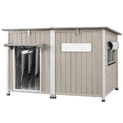 Haiya PETSCOSSET Wooden Dog House, Dog Kennel with Anti-Chewing Iron Frames for Medium Dog, Gray