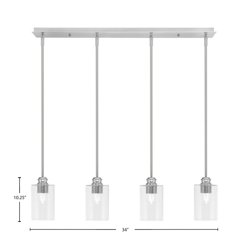 Luminaire suspendu linéaire 4 lumières Edge au fini nickel brossé avec verre à bulles transparent de 4 po, Clair