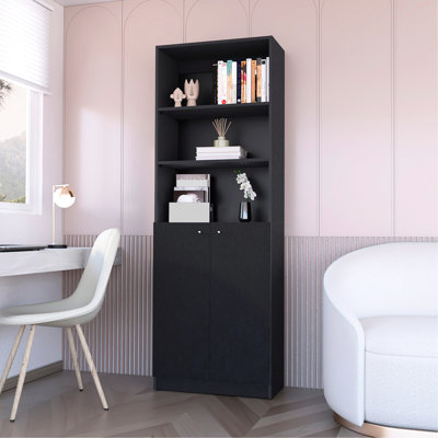 Black 2-Door Bookcase With Concealed Storage And Open Shelves For Office Organization Stylish Spacious Keepsake Decor Display
