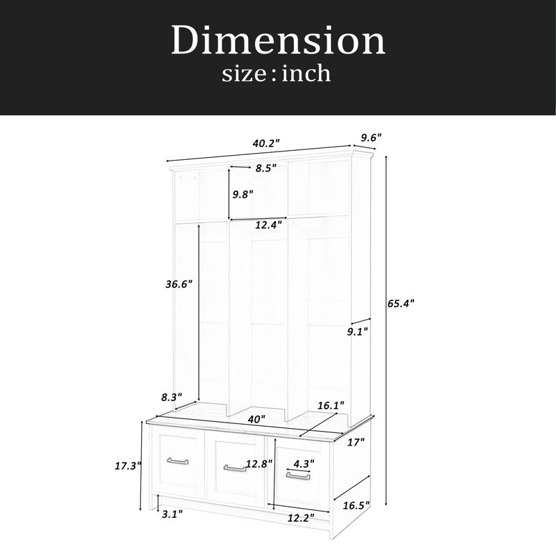 Arbre d'entrée moderne avec banc de hall d'entrée, 3 tablettes et tiroirs, arbre d'entrée de 40,2 po de large avec banc de rangement pour le couloir, l'entrée et le salon