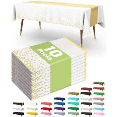 Plastic Table Cloth Disposable 54x108 Inch 10 Pack, White Gold