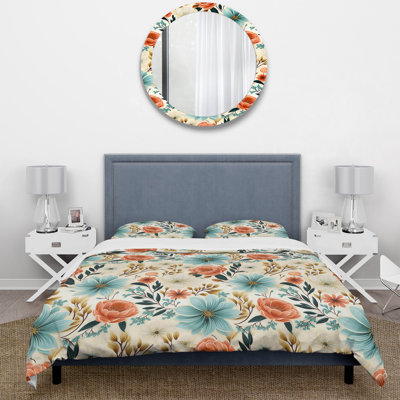 Ensemble de housse de couette floral bleu et corail Playful Flower Enchantment