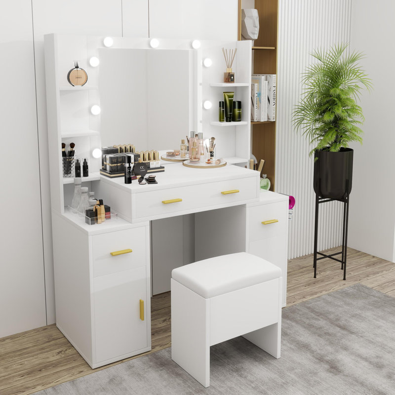 Venette Vanity with Built-In Outlets and Lighted Mirror, White