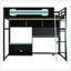 Lit mezzanine double en bois avec bureau, tablettes, lumières DEL, ports USB et panneau perforé, noir et bleu-129747079
