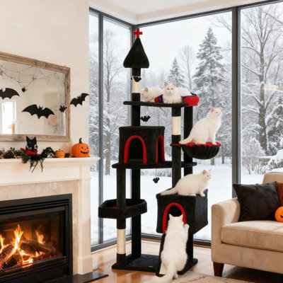 77.6-Inch Cat Tower With Theme Bat Teaser Balls Scratching Posts Multiple Levels Cozy Resting Spots For Feline Play And Rest