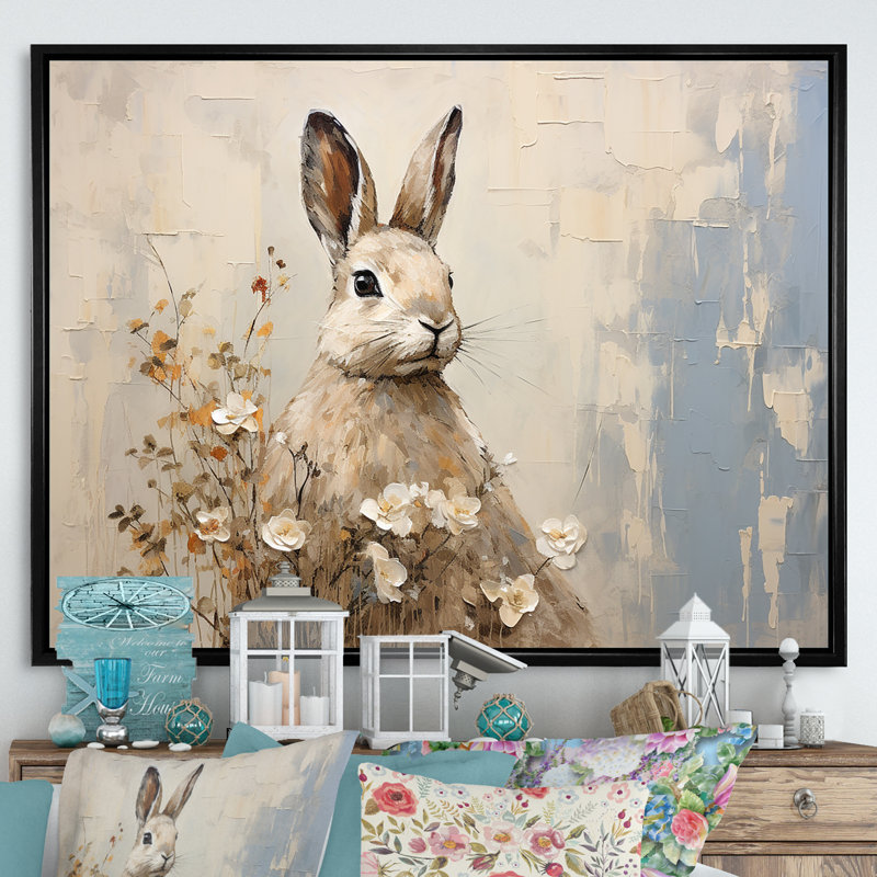«Bunny S Curious Flower Charm I - Rabbit», art mural, Cadre flottant noir, 12" H x 20" W