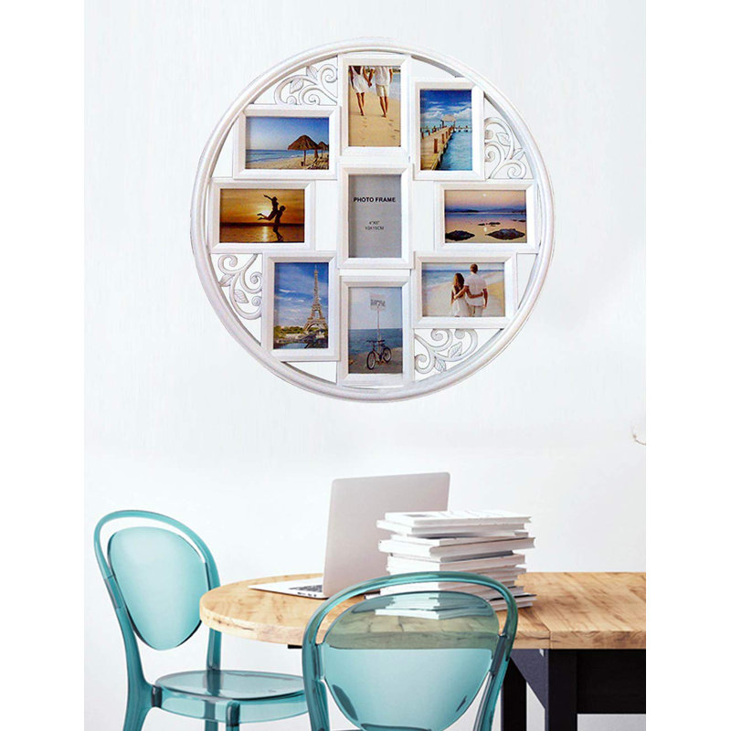 4X6 Wall Collage Picture Frames - Round Circular Wall Hanging Picture Photo Collage Frame With Leaf Decoration, 9- Opening (White)