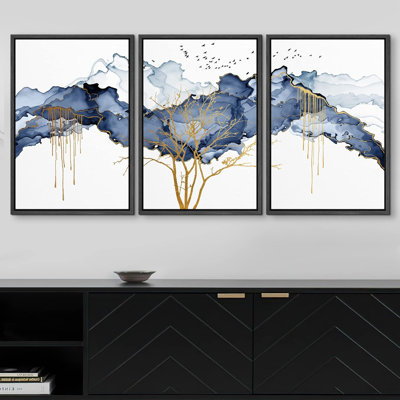 Abstrait, paysage abstrait, peinture pastel bleue, nuage, oiseaux, arbre d'or, illustrations abstraites, art moderne, paysage rustique