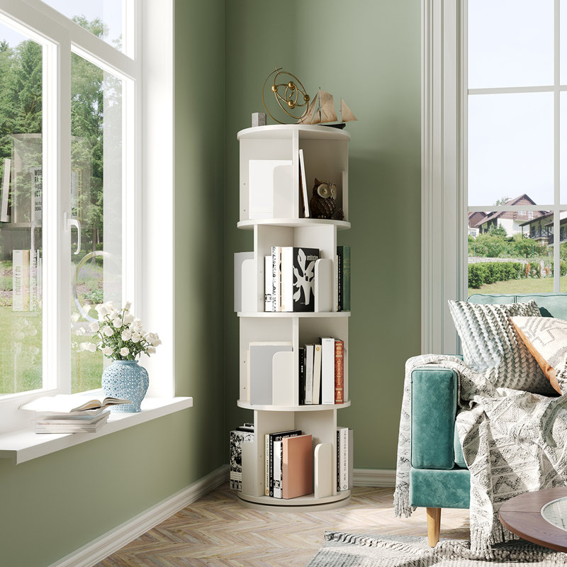 Modern 360° Rotating Bookshelf, Freestanding Corner Bookcase With Multiple Shelves For Bedroom, Living Room, Or Office, White