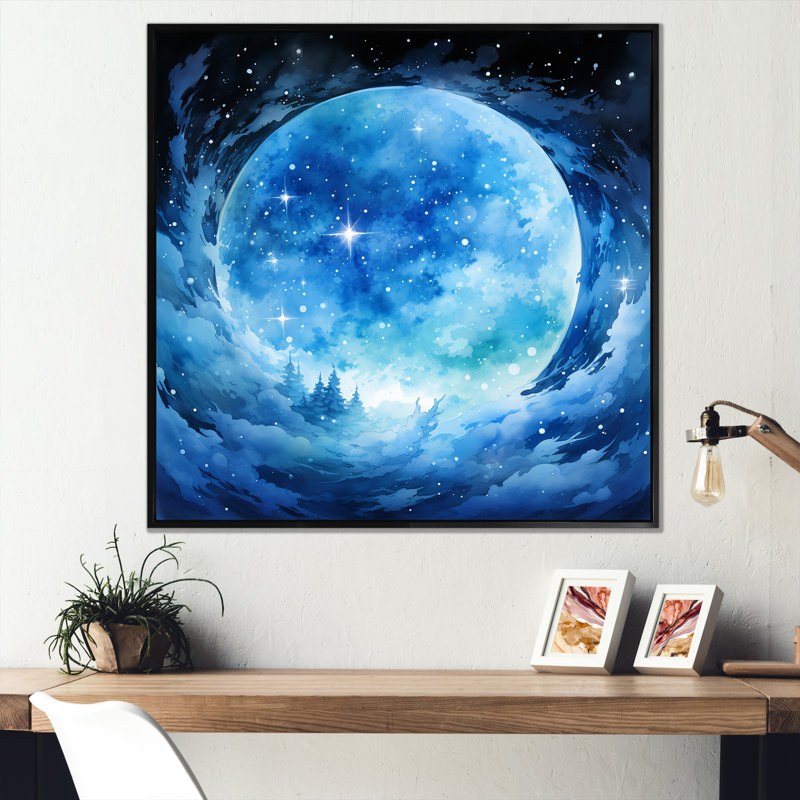 Art mural bleu et noir «Cosmic Plaet II», Cadre flottant noir, H 16 po x l 16 po x P 1 po
