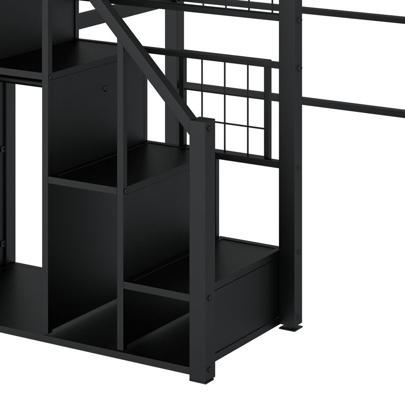 Lit mezzanine simple en métal avec escalier de rangement et garde-robe, Noir