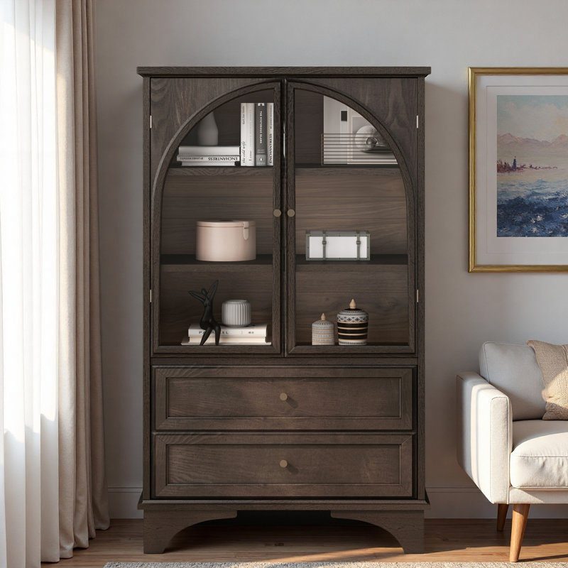Glass Door Display Case Storage Cabinet With 2 Drawers And Adjustable Shelves, Brown