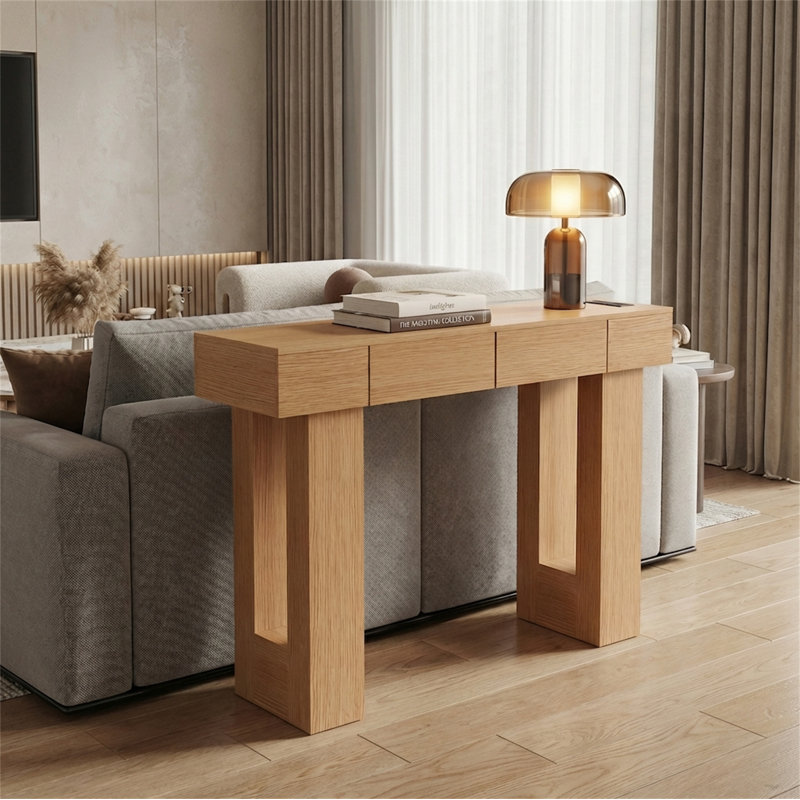 Console à lumière DEL avec station de charge, table d'entrée en bois moderne à 4 tiroirs 47,24 ", Naturel