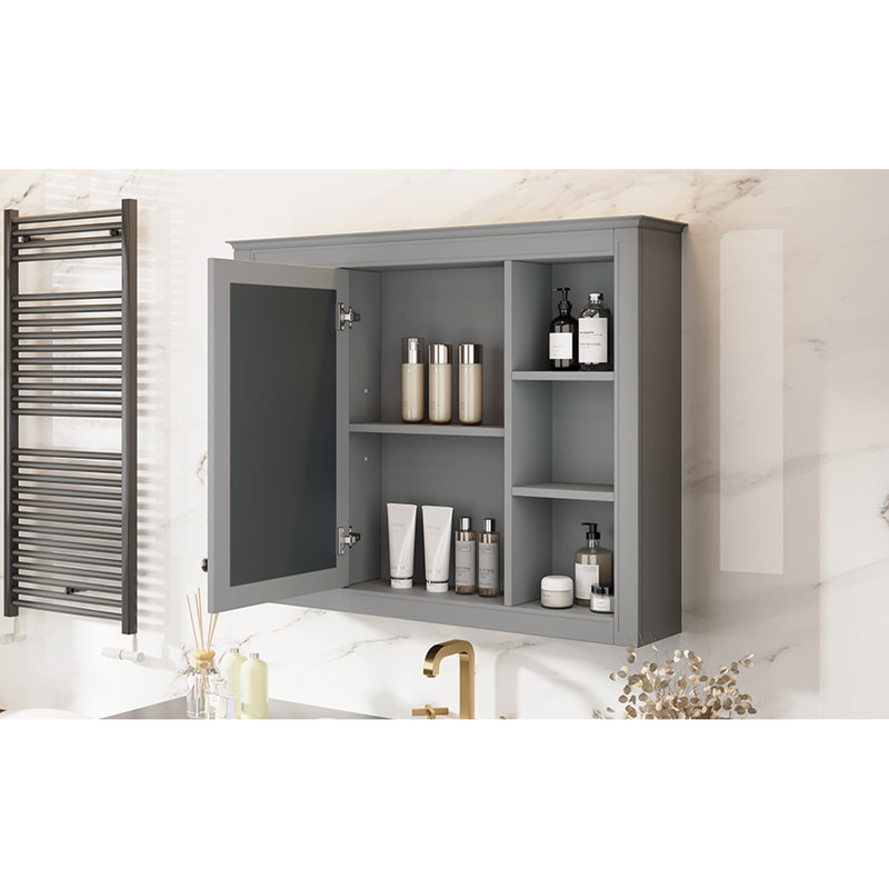 Armoire murale grise pour salle de bain avec miroir, 35 po x 27,5 po, rangement dissimulé, poignée rétro montée sur matériaux, nombreuses tablettes,
