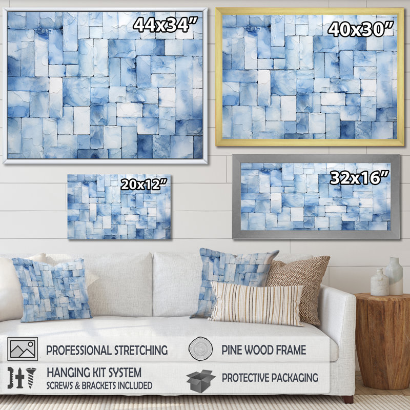 Carreaux scandinaves blancs et bleus II - décoration murale mosaïque bohème, Cadre doré à coins fermés