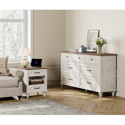 Eulalah 2 Piece Bedroom Set - Includes Light Wood 7 Drawer Dresser, Farmhouse Night Stand With Charging Station & Shelf, 2 Piece Dresser And Nightstan by Charlton Home