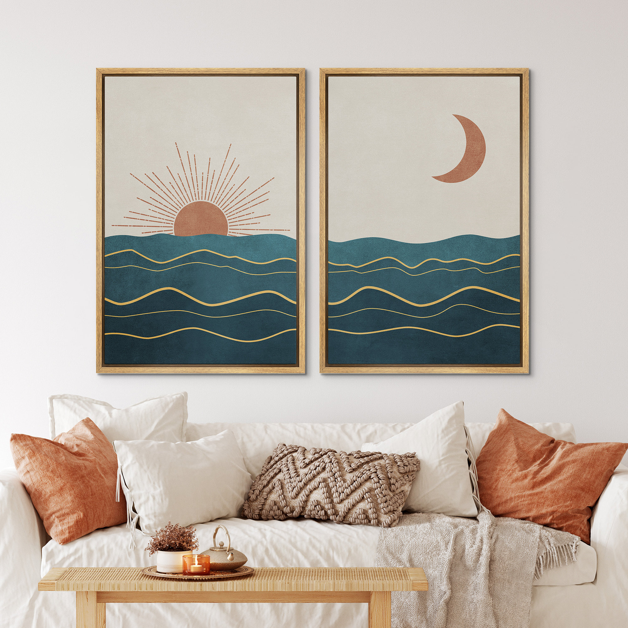 IDEA4WALL Framed Wall Art Print Set Shining Sun And Crescent Moon Over ...