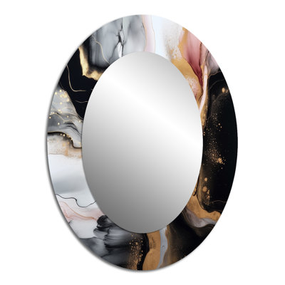Black Gold Marble Splash I - Black Oval Wall Mirror Decor