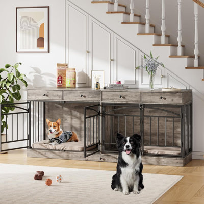 78.7-inch Double Dog Crate Furniture with 4 Doors & Storage, Wood Kennel TV Stand for Small Dogs
