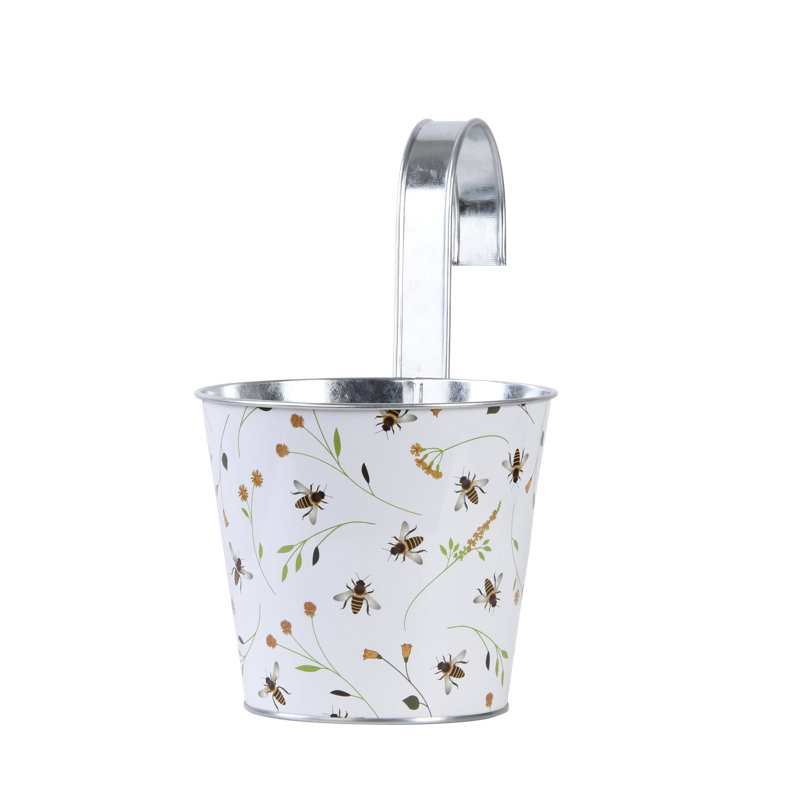 Bee Print Round Zinc Flower Pot with Hook
