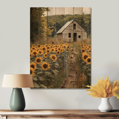 Sunflowers And The Pigsty Barn I - Sunflowers Wood Wall Art - On Natural Pine Wood