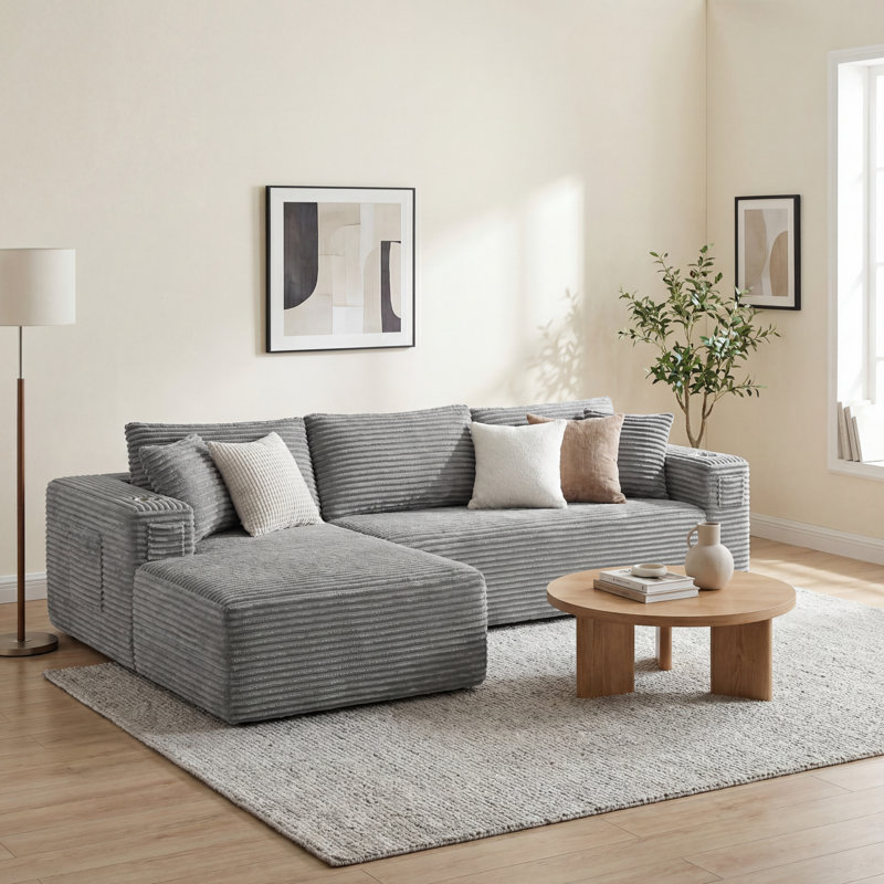 Canapé modulaire à compression en L 108 po avec méridienne profonde rembourrée en velours côtelé 108 po