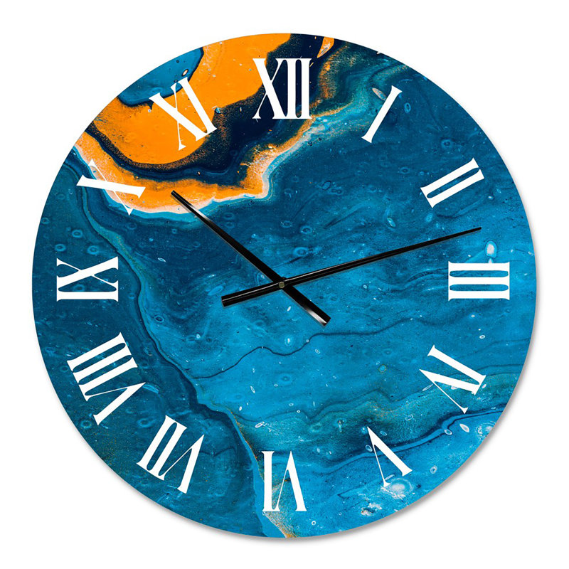 Composition abstraite de marbre en bleu et orange III - horloge murale moderne, Petit