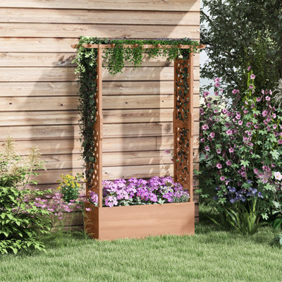 Lit de jardin surélevé de 69,54 po de hauteur avec treillis, trou de drainage pour jardinière en bois et filtre en tissu, brun pour décoration suspendue, arche de boîte