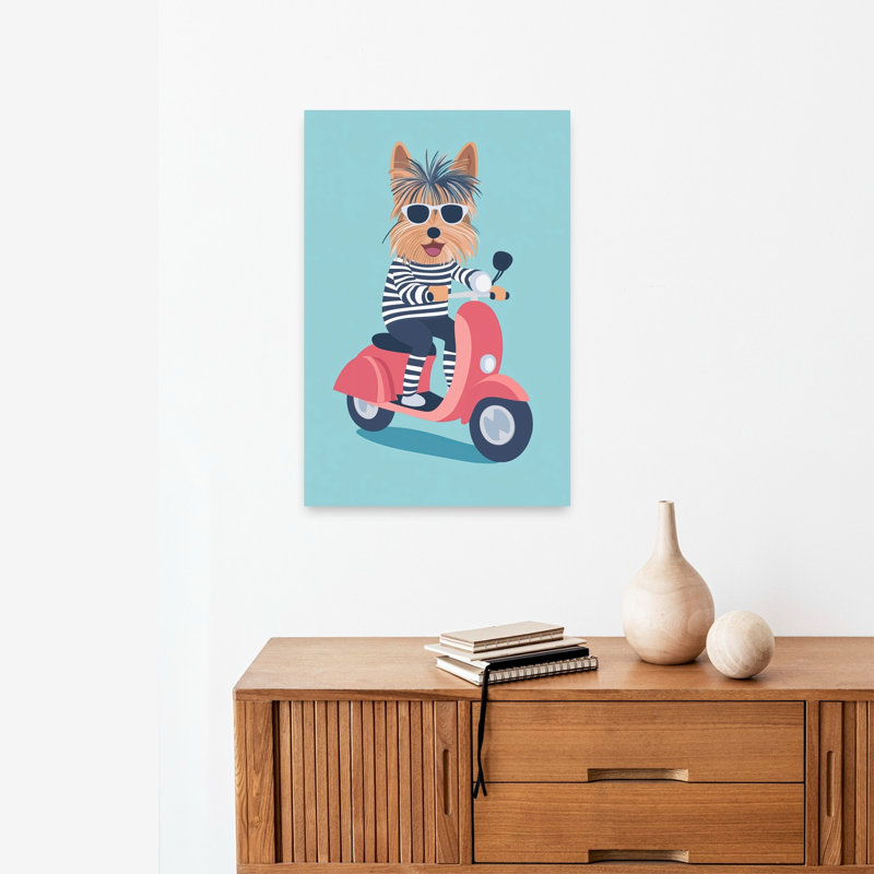 Stylish Yorkie Scooter Ride Playful Whimsical Contemporary Dog Summer Wall Art Print by Mathieu - Wrapped Canvas Print