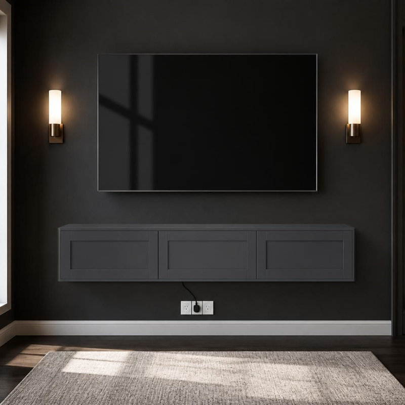 Meuble télé mural flottant avec éclairage DEL et prise de courant intégrée, console média ultrabrillante pour les centres de divertissement de salon