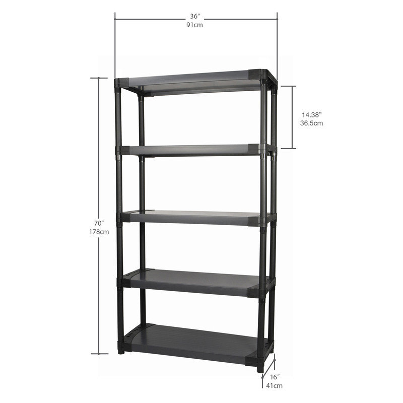 Rayonnage en résine à 5 niveaux Grosfillex, 70" H x 36" W x 16" D, 1000