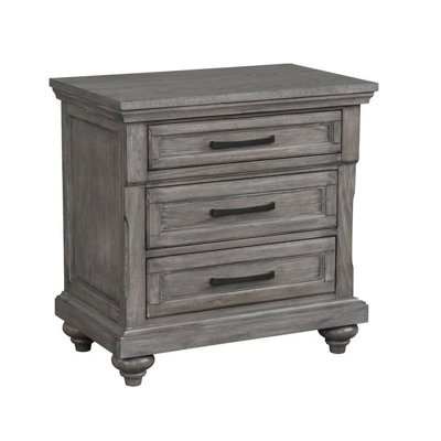 Carneshia 29 Inch Wood Nighstand With 3 Drawers, Metal Bar Handles, Oak Gray